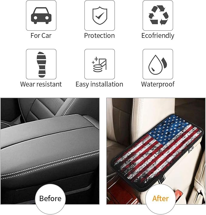 American Flag Car Center Console Cover, Universal Waterproof Armrest Pad, Soft Comfort Cushion & Scratch-Resistant Protector for Cars, SUVs and Trucks