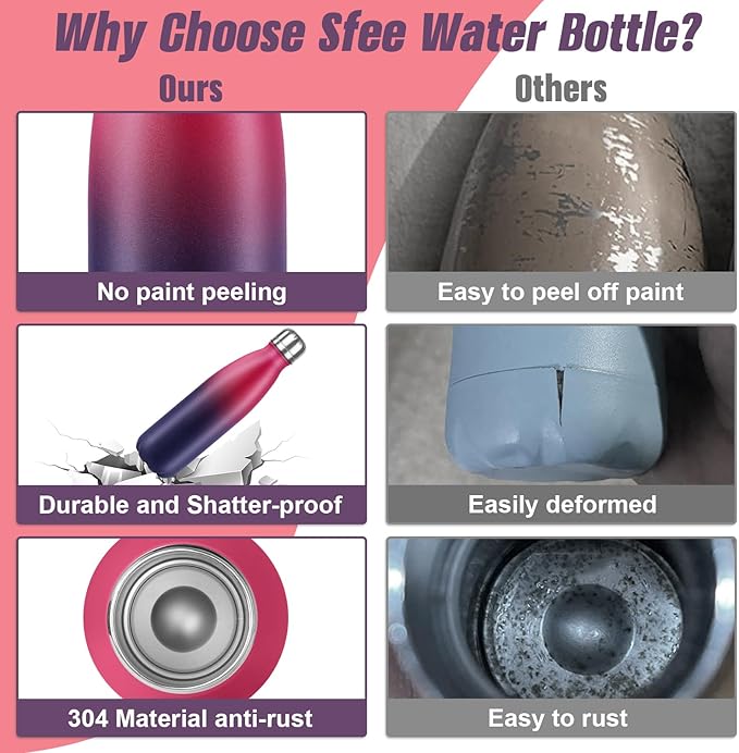 Sfee Insulated Water Bottle, 17 oz Stainless Steel Water Bottles, Double Wall Vacuum Reusable Water Bottles Leak Proof BPA-FREE Sports Bottle Cup Keep Hot&Cold for Running Gym Workout Cycling Kids