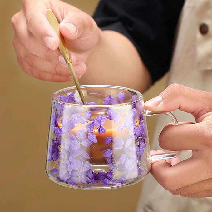 Generic Double Wall Insulated Glass Cup,Dried Flower Mug with Handle,Creative Transparent Coffee Cups,Gift for Women Mom Female (Purple)