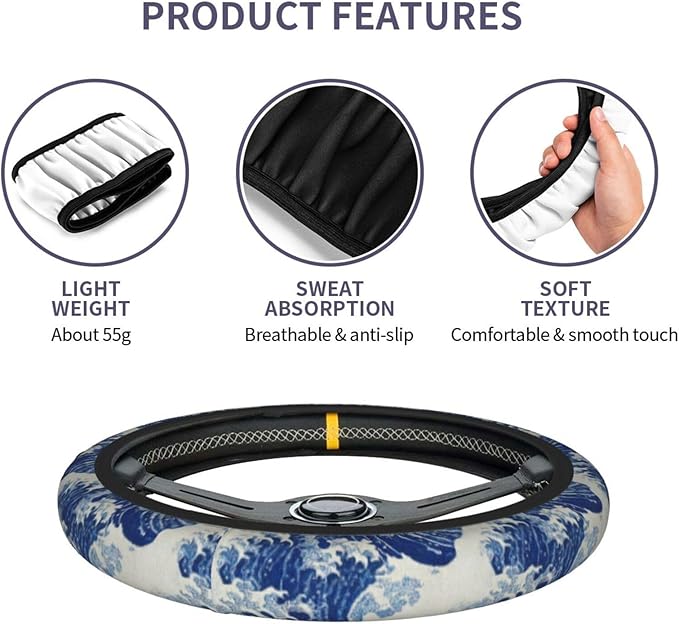 Wave Steering Wheel Cover Elastic Non-Slip Car Steering Wheel Covers with Seat Belt Shoulder Pad for Women Men