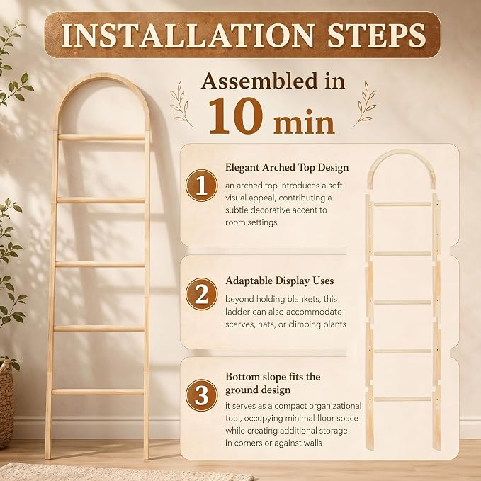 Sintuff Arched Blanket Ladder for Living Room, 5.5ft Wooden Blanket Rack, 5-Tier Natural Leaning Ladder Shelf for Farmhouse Bedroom Living Room Bathroom Decor(Arch,Oak)