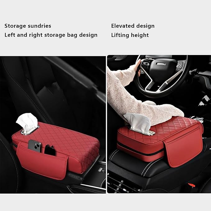 Car Arm Rest Cover Pad for Ford Maverick 2022 2023 2024, Leather Memory Foam Center Console Cushion with 2 Storage Bags and a Tissue Box Universal Car Interior Accessories,B/Gray