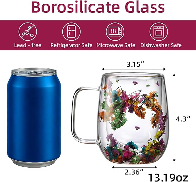 Dried Flowers Double Wall Insulated Coffee Mug, Borosilicate Glass Tea Cup with Real Flower Embedded, Heat Resistant Handle for Valentine's Day Birthday Gifts (pink,13.19oz)