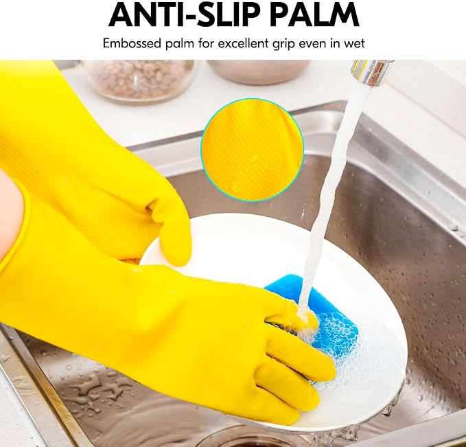 Vgo... 10-Pairs Reusable Household Gloves, Rubber Dishwashing gloves, Extra Thickness, Long Sleeves, Kitchen Cleaning, Working, Painting, Gardening, Pet Care (Size S, Yellow, HH4601)