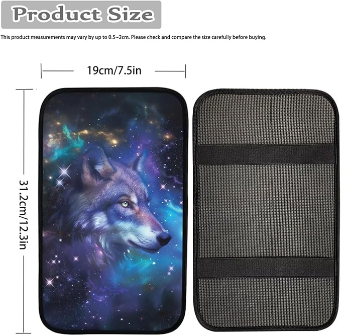Galaxy Wolf Print Car Center Console Armrest Cover Dust-Proof Decorative Armrest Box Protector Cushion Pad for Most Vehicles, Universal Fits, Blue