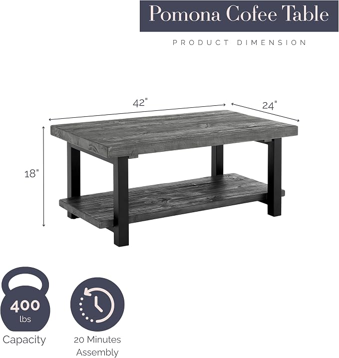 Pomona 42-Inch Rectangular Solid Wood Coffee Table with Storage Shelf & Metal Legs – Modern Rustic Industrial Living Room Table by Alaterre Furniture (Slate Grey)