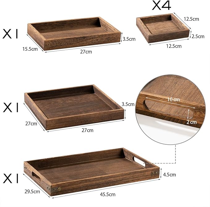 Yangbaga Rustic Wooden Serving Trays with Handle - Set of 7 Rectangular Platters for Entertaining, Breakfast, Coffee Table, Home Decor