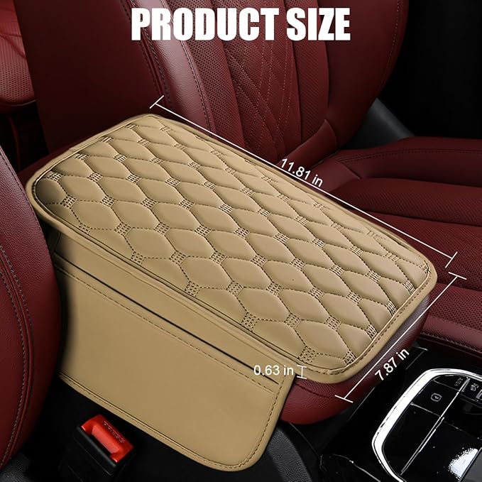 Car Center Console Cover, Leather Vehicle Armrest Cover Cushion with 2 Storage Bags, Automotive Interior Arm Rest Seat Box Pad Accessories, Universal for SUV Sedan Truck (Beige)