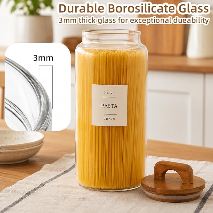 2 Pack Large Glass Flour and Sugar Containers with 132 Pantry Labels - 105 FL OZ Glass Canisters with Bamboo Airtight Lids - Farmhouse Kitchen Glass Pantry Jars for Cookie, Rice, Pasta, Cereal, Salt