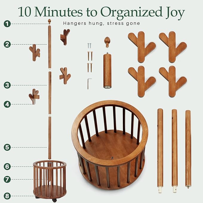 Wooden Coat Rack with Storage Basket & 12 Hooks - Freestanding Heavy Duty Rolling Coat Tree Stand with Wheels, Hat Hanger for Entryway, Hallway, Bedroom, Living Room Corner (Walnut)