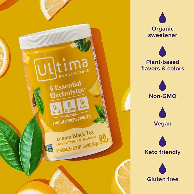 Ultima Replenisher Daily Electrolyte Powder - Lemon Black Tea, 90 Servings - Zero Sugar Hydration Powder with 6 Electrolytes and Minerals - Sugar Free, Plant Based & Keto Friendly Drink Mix