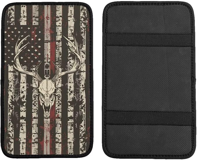 American Flag Print Car Center Console Cushion Pad, Vintage Elk Hunting Universal Armrest Seat Box Cover Protector,Comfortable Cars Accessories Fit for Most SUV Truck Van Vehicles, SUVs