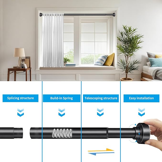 YNL Shower Curtain Rod 34-96 Inches(2.8-8ft), Adjustable Shower Rod No Drilling, Non-Slip, Never Rust, Stainless Steel, Suitable for Bathroom Window, Matte Black