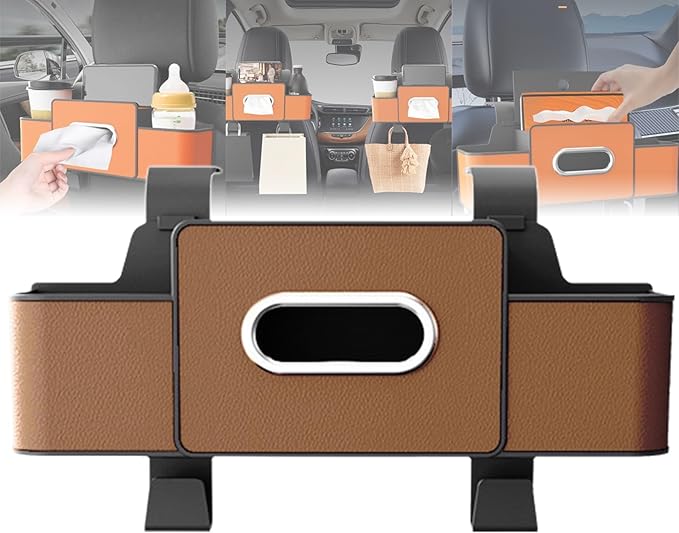 Car Organizers and Storage Box, 4 in 1 Multifunctional Car Organizer Back Seat with 2 Cup Holders & Tissue Box, Backseat Cars Organizer for Hold Phone, Snacks, Drinks, Handbag(Brown,1Pc)