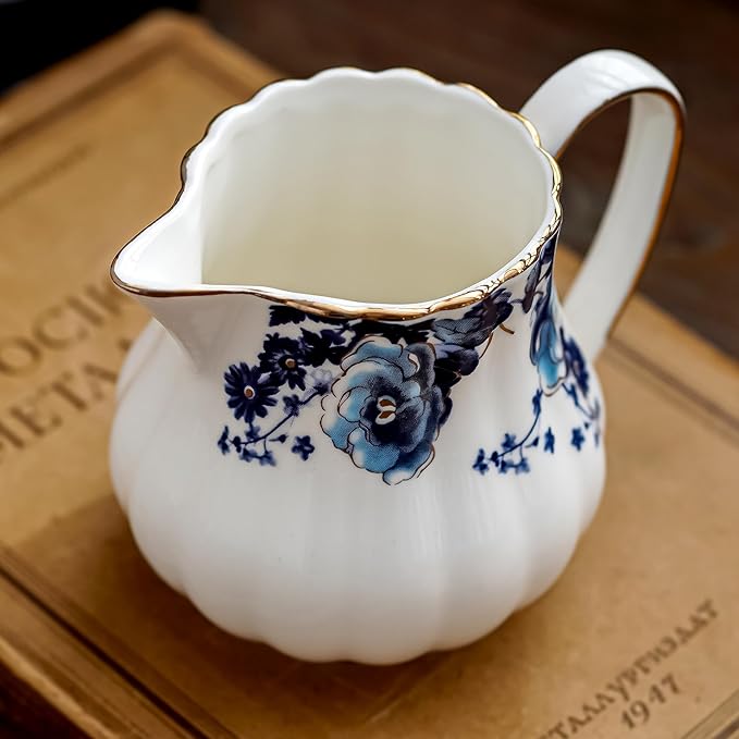 7.6oz Creamer Pitcher,Small Milk Jug with Handle,Small Milk Pitcher Cup for Coffee, Sauces, Salad (White with blue flower)