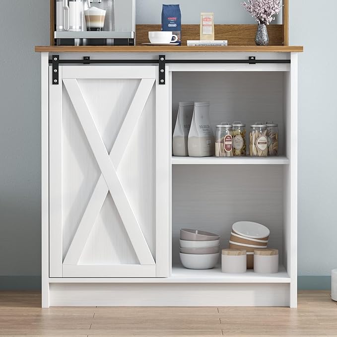 4ever2buy Farmhouse Coffee Bar Cabinet with Storage, White Coffee Bar with Hutch and 6 Hooks, 31.5 Inch Hutch Cabinet with Sliding Barn Door and Adjustable Shelves for Living Room