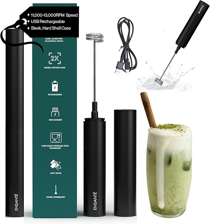 ENSANTE Ultra Fast Electric Milk Frother Wand, 13,000RPM Immersion Blender Rechargeable Frother for Protein Powder, Cold Foam, Travel Frother Handheld with Case, Matcha Whisk, Coffee Stirrers Electric