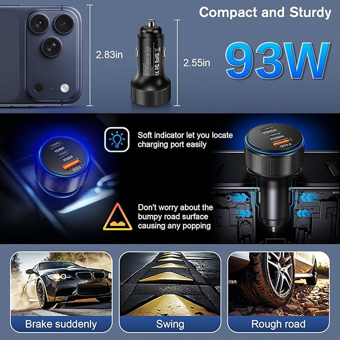 2-Pack Car Charger,93W 3 Ports Fast Charging Dual USB-C + USB-A Cigarette Lighter Adapter, PD & QC 3.0 Car Charger USB C Plug Compatibilie with iPhone 17 Pro/16/15/14,Samsung Galaxy S25/S24,Pixel