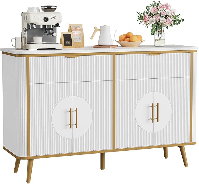 47.2" Buffet Storage Cabinet, Modern Fluted Coffee Bar Station with 2 Drawers & Adjustable Shelves, Kitchen Sideboard Buffet for Dining Room, Living Room, Hallway, White