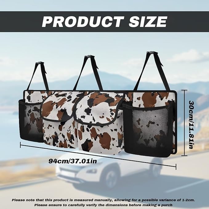 Car Trunk Organizer and Storage Backseat Hanging Organizer Brown Cow Print Car Accessories Oxford Cloth Washable Space-Saving Backseat Car Organizer for SUV/MPV/Truck/Sedan/Van