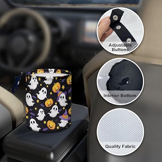 Cute Ghost Pumpkins Hanging Car Trash Bag Vehicle Trash Can with Adjustable Buttons Collapsible Multipurpose Auto Storage Bag Road Trip Essentials