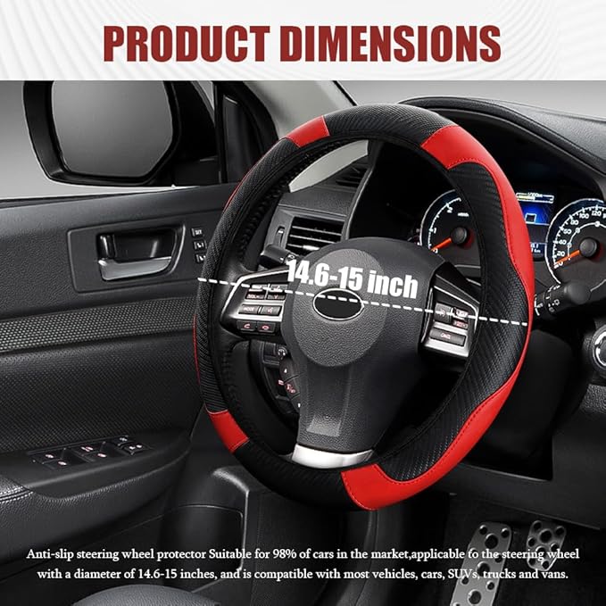 Car Steering Wheel Cover, Steering Wheel Protector, Universal 14.5-15 Inch Microfiber Leather Breathable Auto Steering Wheel Covers, Carbon Fiber Steering Wheel Cover for Women Men (Red)