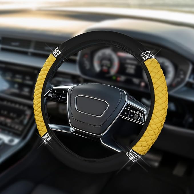 Car Steering Wheel Cover, Steering Wheel Accessories, Breathable Microfiber Leather Auto Wheels Protector, Universal 15 Inch Anti-Slip Protector for SUV Sedan Truck (Bling-Yellow)
