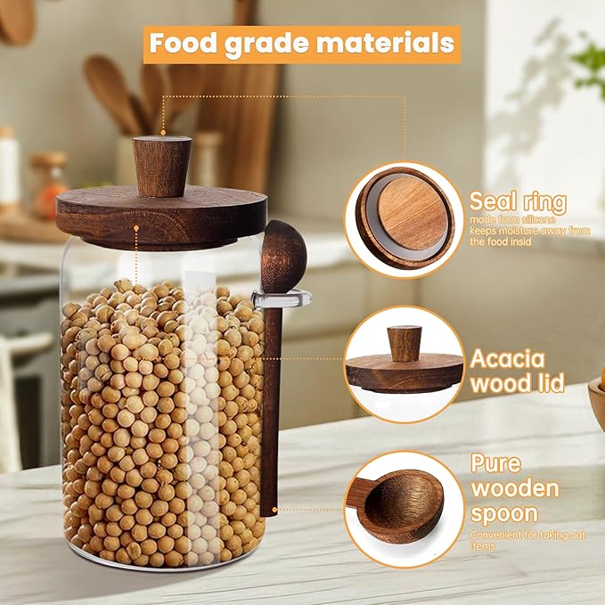 Glass Coffee Bean Storage Container, Wood Lid with Spoon, Airtight Silicone Seal, BPA-Free (700ML/23.67OZ)