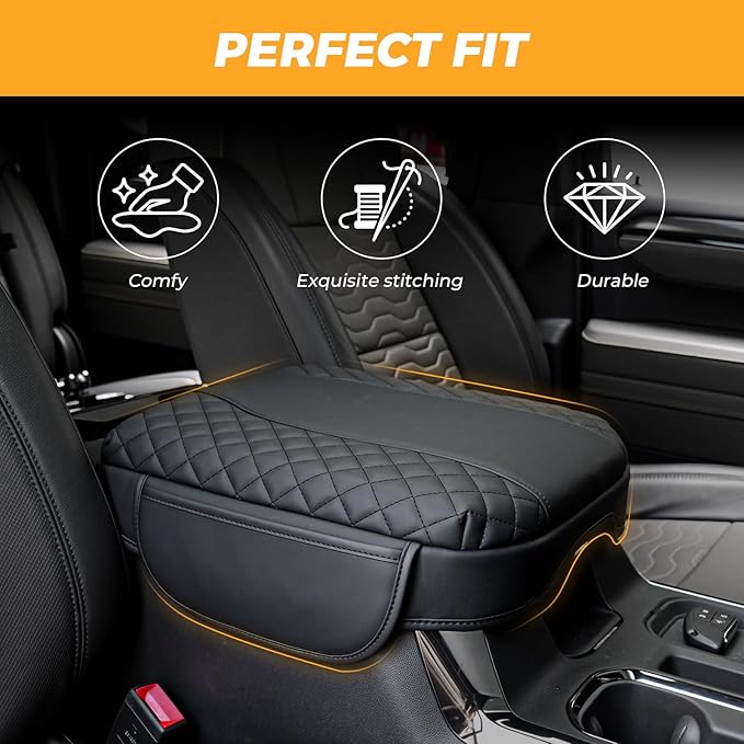 FUNY Center Console Cover Compatible with 2019-2025 Silverado Sierra, Middle Console Cover Lid, Car Arm Rest Covers Cushion Pad, Bucket Seat Middle Console Armrest Box Leather Protective Cover