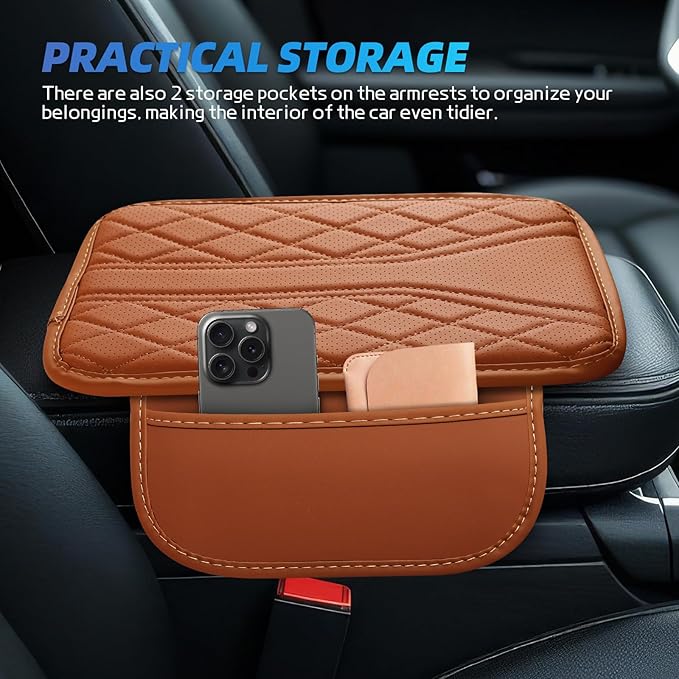 Car Center Console Cover, 11.8"×6.7" Leather Armrest Cover for Cars, Multifunctional Auto Armrest Cushion Pad with Storage Pocket, Universal Arm Rest Protector Car Accessories (Brown)