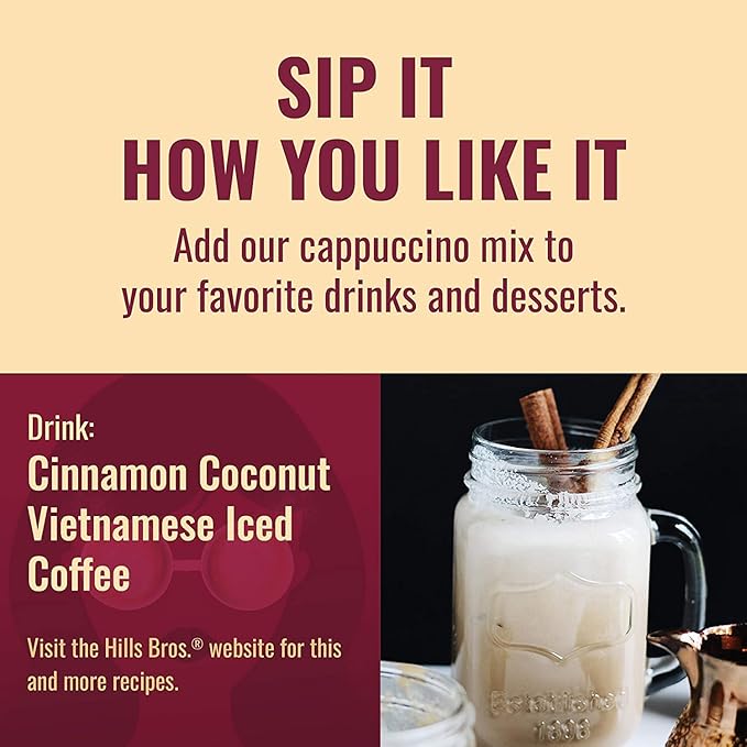 Hills Bros. Cappuccino Mix – Rich, Frothy Coffeehouse-Tasting Instant Drink Mix – Quick and Easy Preparation – Perfect for Hot & Iced Drinks & Creaming Coffee – Decaf French Vanilla, 1 Pack of 16oz