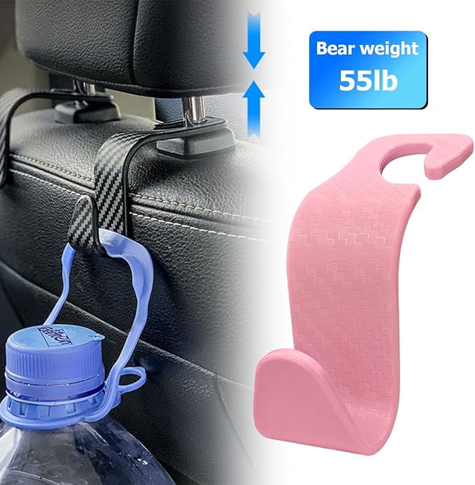 Car Back Seat Headrest Hooks, 4PCS Vehicle Backseat Storage Organizer Hanger, Multifunctional Auto Headrest Hidden Hook Universal for Handbag Purse Backpacks Bags(Carbon Fiber Pink)