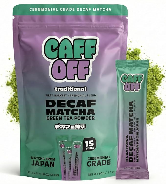 Decaf Matcha Green Tea Powder From Japan - 15 Sticks (2 g each / 30 g total) - Ceremonial Grade - Naturally Decaffeinated Using No Chemicals - Tested For Heavy Metals & Pestacides - First Harvest & Shade Grown Caffeine Free Matcha Powder