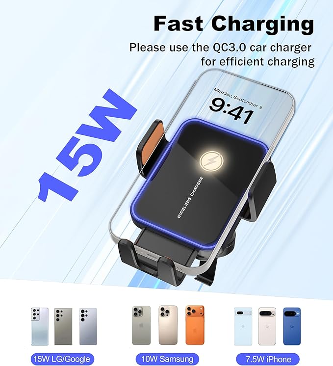 Car Mount Charger, 15W Fast Charging Auto Clamping Wireless Car Charger with 7-Color LED Lights, Air Vent Phone Holders for Your Car Accessory for iPhone Air 17 Pro Max 16 15 14 13 12, Galaxy S25