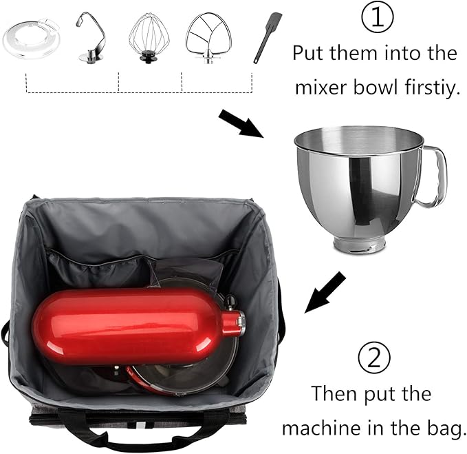 BAGLHER Heavy Duty Kitchen Mixer Cover for 4.5-5 Quart Stand Mixers, 2-in-1 Shoulder & Hand Carrying Case with Accessory Pockets (14”x9”x15”, Grey)