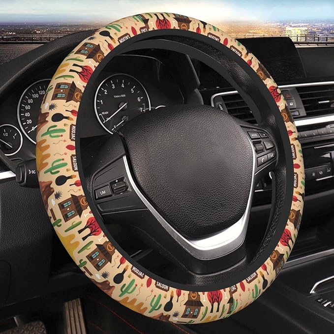 Cowboy Art Saloon Patttern Universal Fit Steering Wheel Cover for Car, Truck, and SUV, Durable Steering Wheel Protection