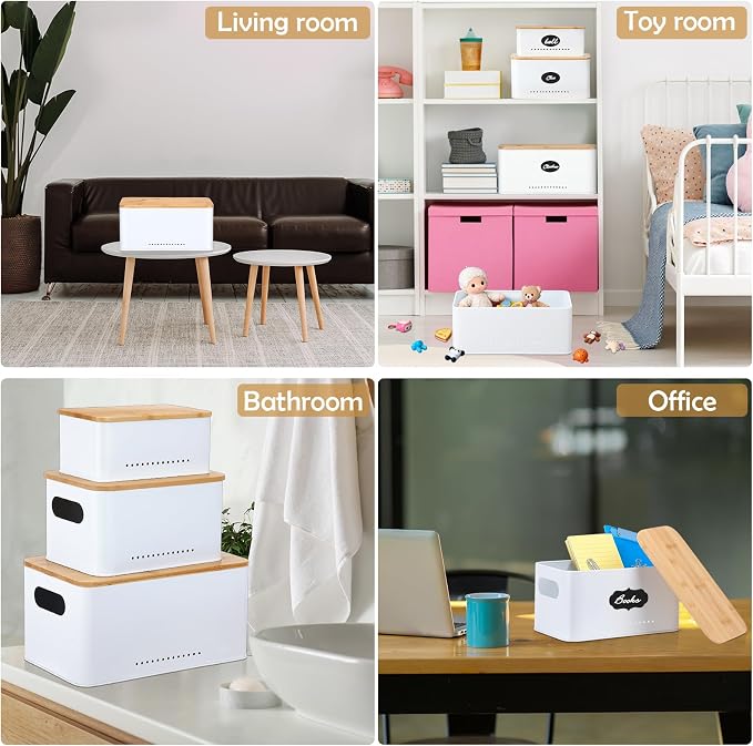 Honeydak 3 Pcs Metal Storage Box with Lid Nesting Farmhouse Storage Bins for Kitchen Pantry Bathroom Living Room Office, Aerating Produce Keeper & Countertop Organizer Set(White)