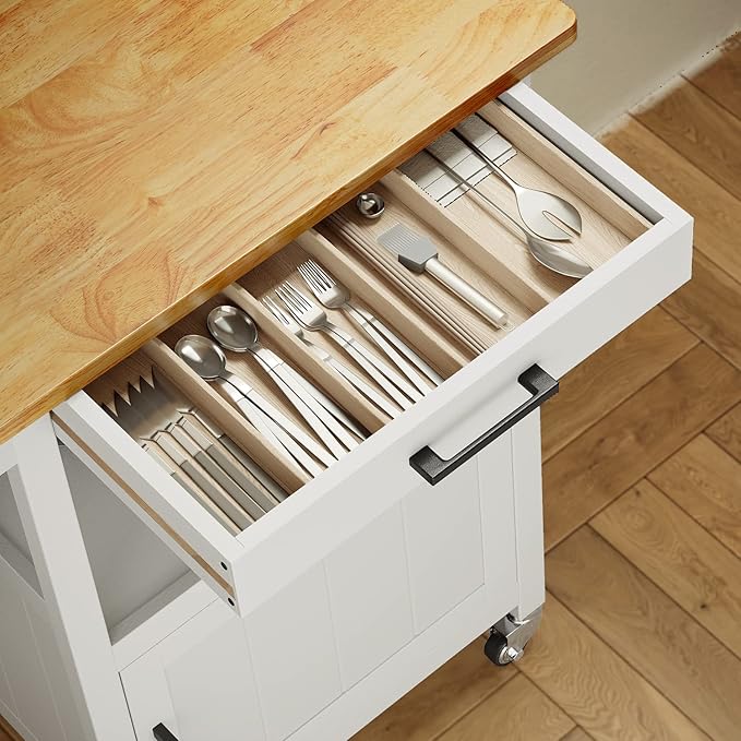 Kitchen Cart with Drawer, Small Kitchen Island on Wheels, Microwave Cart, Small Home Coffee Bar, Microwave Stand, Rolling Kitchen Island Cart with Side Hook, White