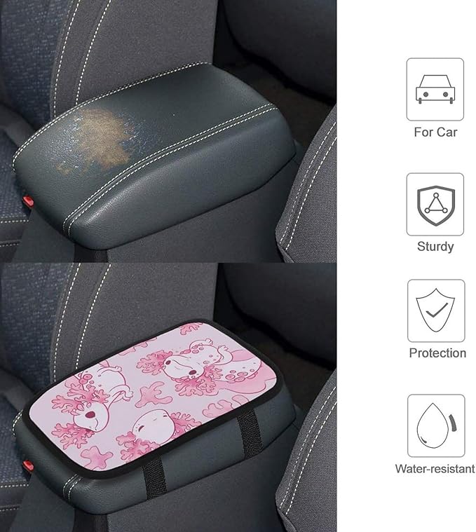 Axolotl Car Center Console Cushion Pad,Waterproof Armrest Seat Box Cover Protector,Comfortable Car Decor Accessories Fit for Most Cars, Vehicles, SUVs