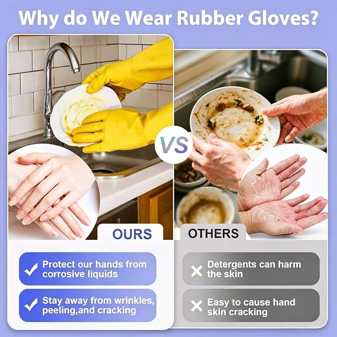 Rubber Kitchen Dishwashing Gloves - 4 Pairs Colorful Reusable Cleaning Gloves for Kitchen Washing Dishes and Household Cleaning(Large, Yellow+Blue)