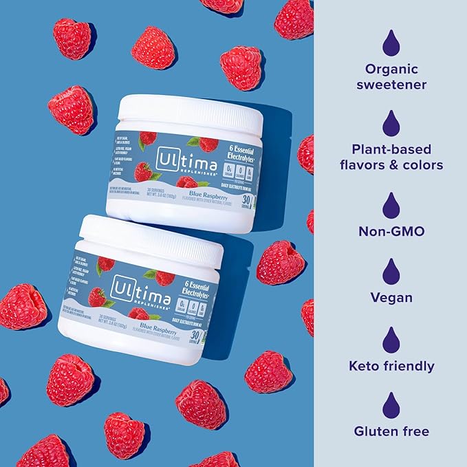 Ultima Replenisher Daily Electrolyte Powder Drink Mix – Sugar Free – Blue Raspberry, 30 Servings – Hydration Powder with 6 Electrolytes and Trace Minerals – Keto Friendly, Vegan, Non-GMO