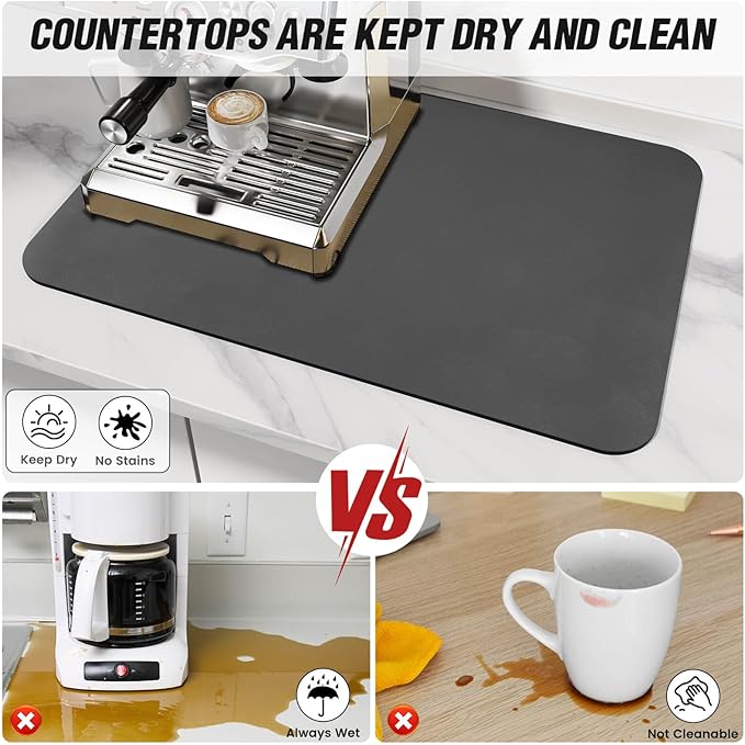 DK177 Coffee Mat - Dish Drying Mat for Kitchen Counter, Hide Stain, Absorbent with Waterproof Rubber Backing, Fit Kitchen Dish Rack Bar Accessories (Dark Gray, 24" x 16")