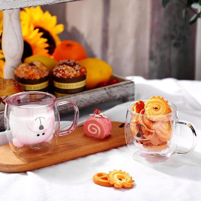 Patelai Cute Bear Tea Cup Double Wall Glass Milk Coffee Bear Mug with Handle Insulated Espresso Christmas Beer Cup Cute Birthday Gift for Women Men Valentine, 250 Ml/ 8. 4 oz(Pink, White,2 Pieces)