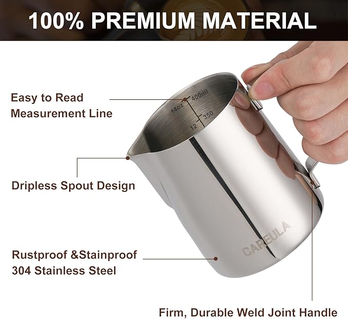 Milk Frothing Pitcher, 14oz 400ml Stainless Steel Milk Frother Cup Steaming Pitcher, Coffee Bar Cappuccino Espresso Machine Accessories Barista Tools, Metal Milk Jug with Latte Art Pen