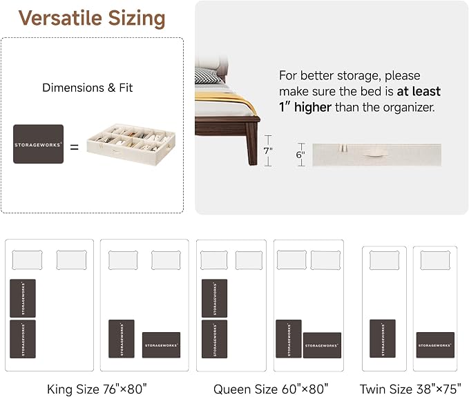 StorageWorks Underbed Shoe Storage Organizer for Closet, 2-Pack Fabric Under Bed Shoe Organizer with Adjustable Dividers, Fits up to 24 Pairs, Beige(Natural Texture)