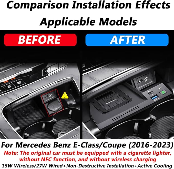Wireless Charger for Mercedes-Benz E-Class E200 E260 E300 E320 E350 E400 (2016–2023), 15W Fast Charge Pad, Center Console Phone Station for Qi Devices