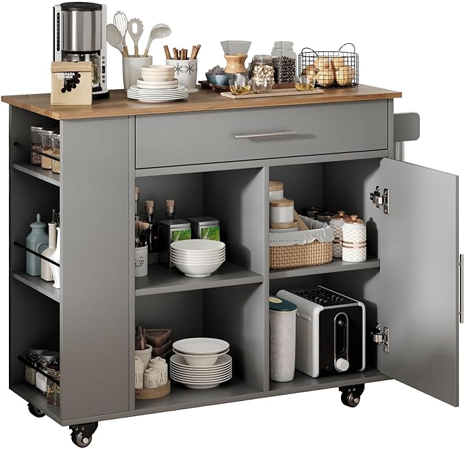 4 EVER WINNER Kitchen Island cart on Wheels with Storage, Kitchen Island with Spice Rack & Towel Rack, Rolling Kitchen Island with Open Shelves, Portable Island with Drawer, Grey