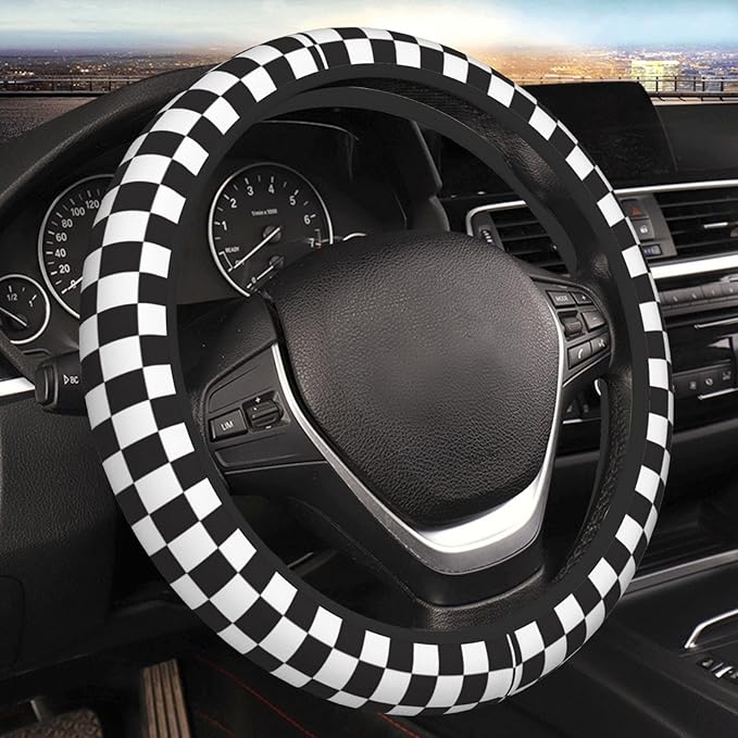 Black and White Checkered Steering Wheel Cover Rubber Anti-Slip 14.5-15 Inch Universal Steering Wheel Cover with 2 Pieces Car Coasters Suitable for Men Women