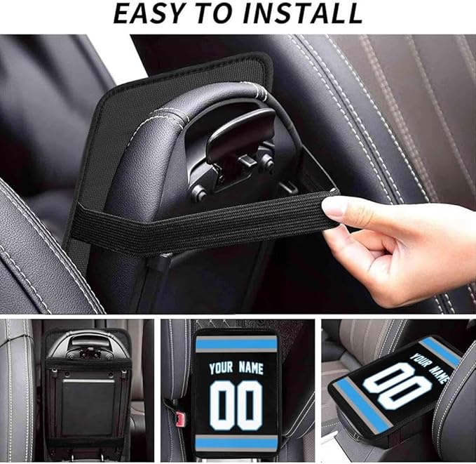Custom Car Armrest Cover,Add Personalized Name and Number As Gifts for Loyal Football Fans,American Football Auto Center Console Pad Car handrail Box Cushion,Fit for Most Car Seat Box Cover Protector