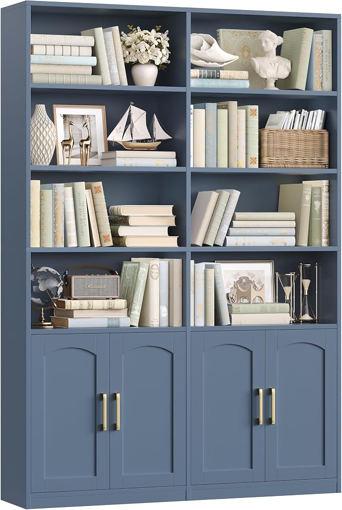 FACBOTALL Bookshelf and Bookcase with Doors, 6 Tier Double Wide Large Bookshelves, Open Display Shelves, 73'' Tall Bookshelf with Storage Cabinets for Home Office, Living Room, Library, Blue